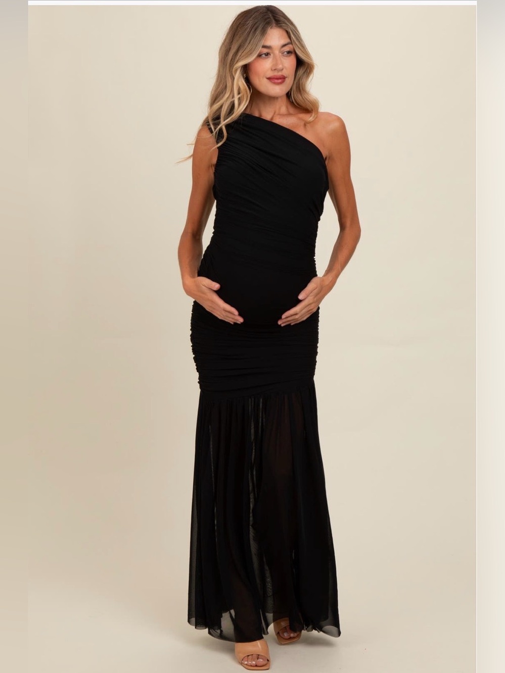 Pink Blush ruched mesh one-shoulder maxi dress (Maternity)